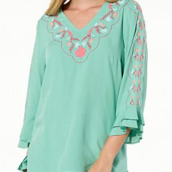 Colleen Lopez Tops - Colleen Lopez Floral Embroidered Cream Sand Brown Neutral Tunic Ruffle Sleeve XS